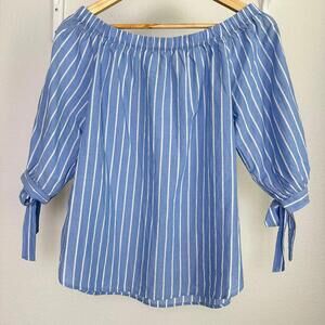 Size 4 Women’s Off-The-Shoulder Cotton Blouse Top - Blue & White Stripe